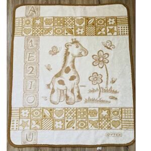 Vtg Plush Baby Blanket Giraffe ABC Neutral Tan Natural Thick Soft Trim Butterfly
